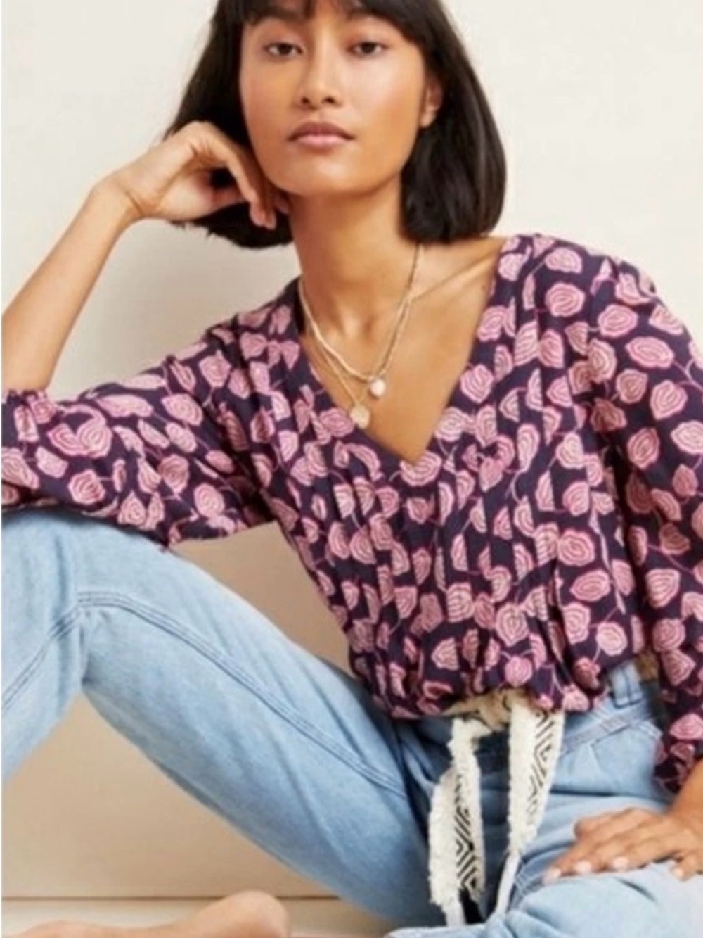 Maeve by Anthropologie Cathy Pleated Floral V-Neck Blouse Plum & Pink Boho S